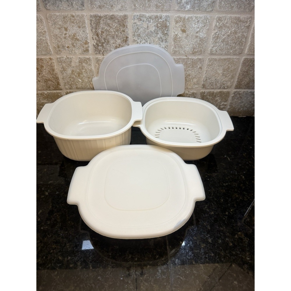 Vtg RUBBERMAID Microwave Cookware‎ 5 piece SET With Lids Beige Almond Steamer